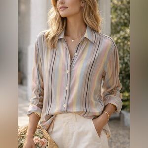 Vintage 90s Silk Blouse Pastel Stripe Button Down Lightweight Korea Preppy Chic